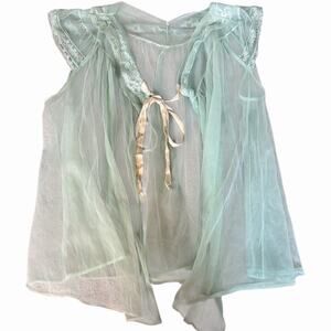 Vintage Pandora Lingerie Blue Nylon Chiffon Peignoir Robe Lace Trim Ribbon Tie L